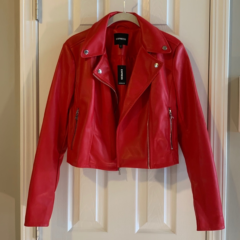 Express Cherry Red Vegan Leather Motorcycle Jacket Sz S